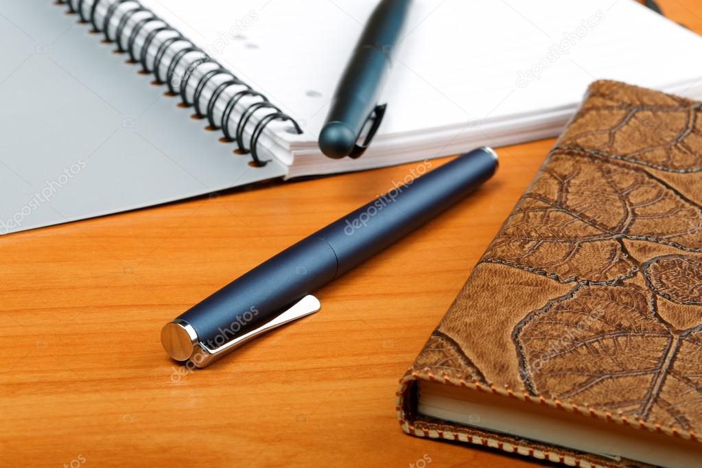 The opened writing-book in a leather cover and  pen