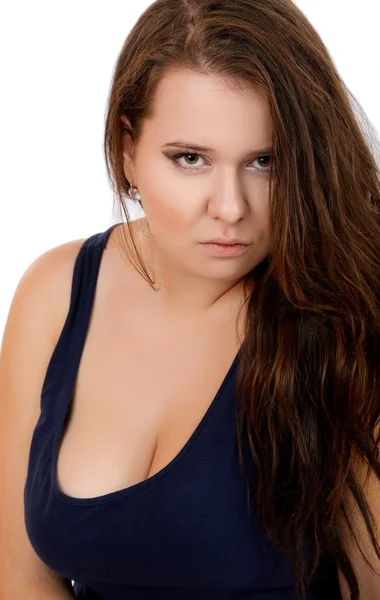 Stern look fat girl on a white background — Stock Photo, Image