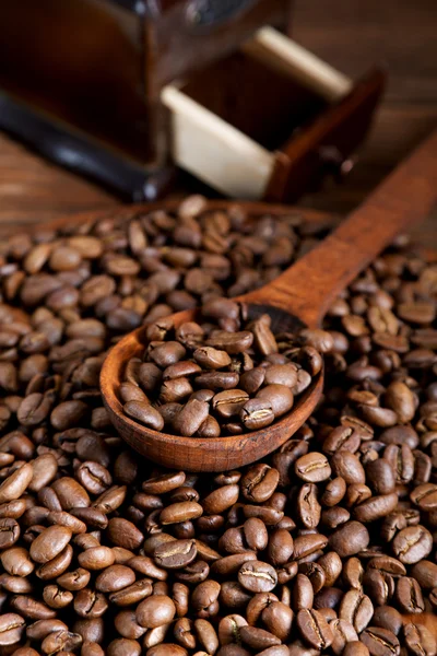 Grinder and coffee beans with a wooden spoon — Stock Photo, Image
