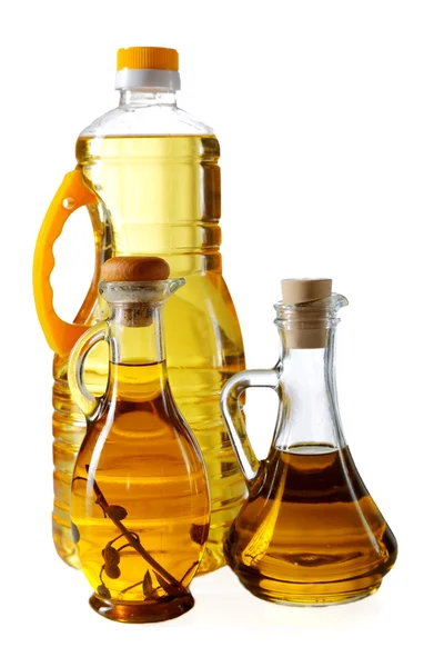 Пляшки оливкової олії та соняшнику — стокове фото