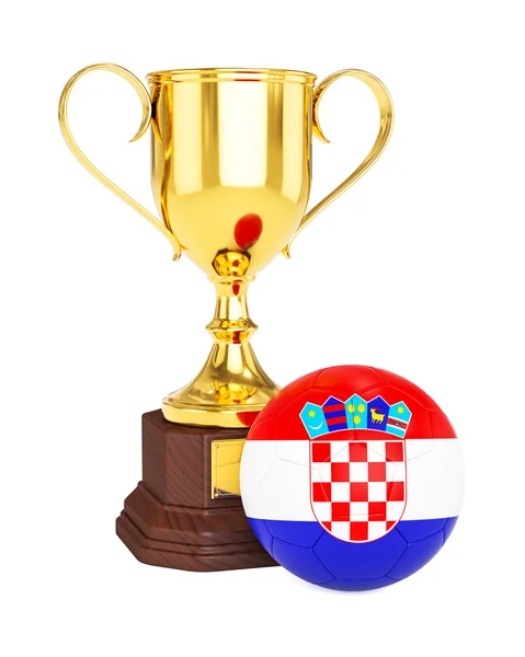 Gouden trofee cup en voetbal Voetbal bal met Kroatië vlag — Stockfoto