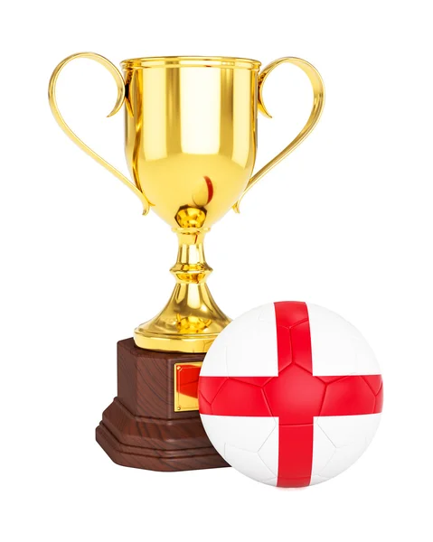 Goldene Trophäe und Fußball mit England-Fahne — Stockfoto