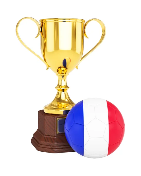 Gold trophy cup and soccer football ball with France flag — Stock Photo, Image