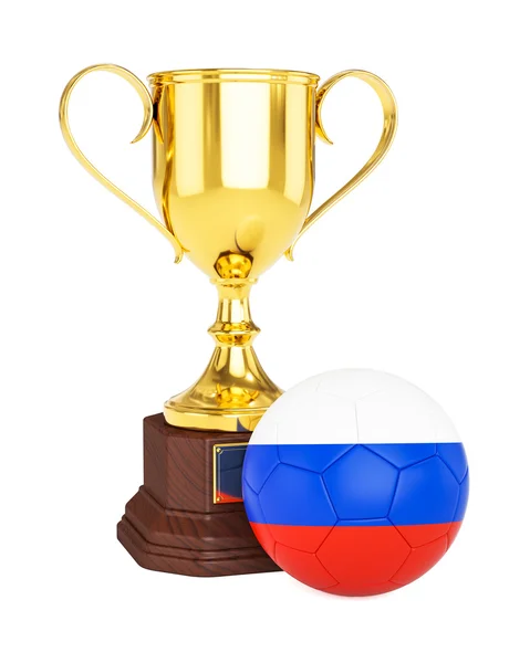 Gold trophy cup and soccer football ball with Russia flag — Stock Photo, Image