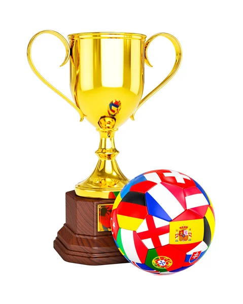 Gouden trofee cup en voetbal Voetbal bal met Europa vlaggen — Stockfoto