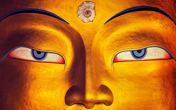 Maitreya Buddha Gesicht aus nächster Nähe, Thiksey Gompa, Ladakh — Stockfoto