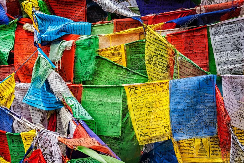 Buddhist prayer flags lungta with prayers, Ladakh Stock Photo by