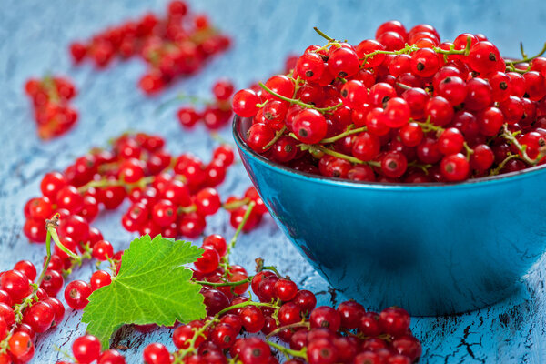 Redcurrant in wicker bowl on the table