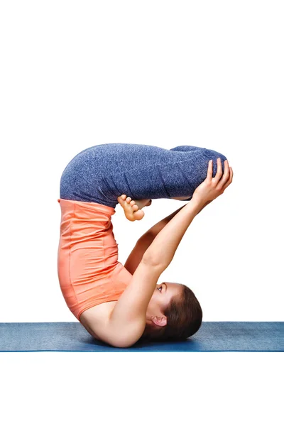 Sporty fit yogini woman practices inverted yoga asana — Stock Photo, Image