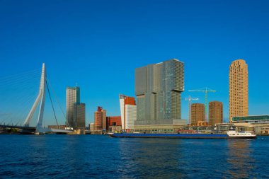 Rotterdam gökdelenleri ufuk çizgisi ve Nieuwe Maas nehri üzerindeki Erasmusbrug köprüsü. Rotterdam
