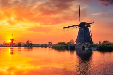 Hollanda 'daki Kinderdijk' te yel değirmenleri. Hollanda