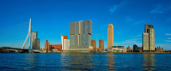 Rotterdamské mrakodrapy panorama a Erasmusbrug most přes řeku Nieuwe Maas. Rotterdam — Stock fotografie