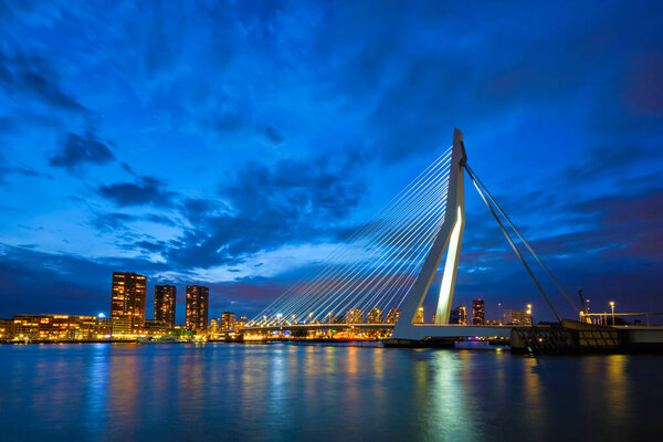 View of Erasmus Bridge Erasmusbrug and Rotterdam skyline. Rotterdam, Netherlands