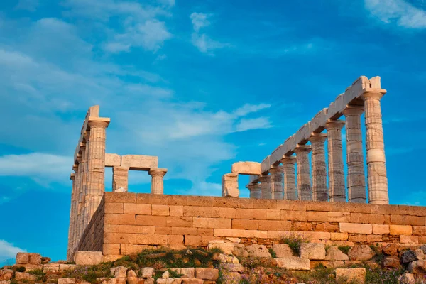 Poseidon tempelruiner på Cape Sounio vid solnedgången, Grekland — Stockfoto