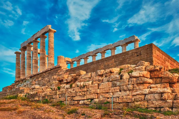 Poseidon tempelruiner på Cape Sounio vid solnedgången, Grekland — Stockfoto