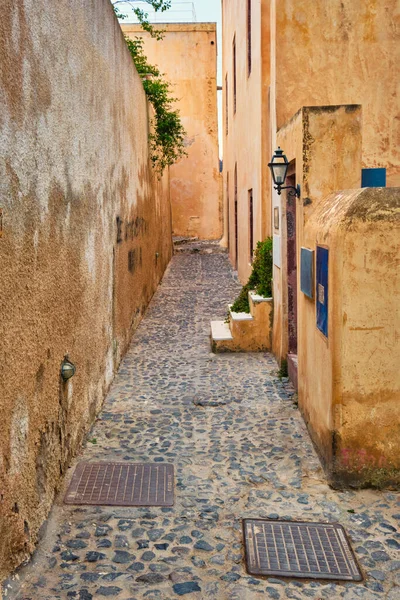 Pintoresca calle pintoresca griega de la ciudad de Oia en la isla de Santorini en Grecia — Foto de Stock