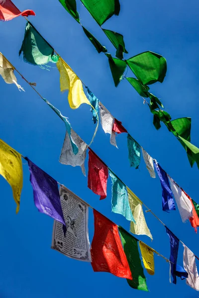 Banderas budistas de oración lunga en McLeod Ganj, Himachal Pradesh, India — Foto de Stock