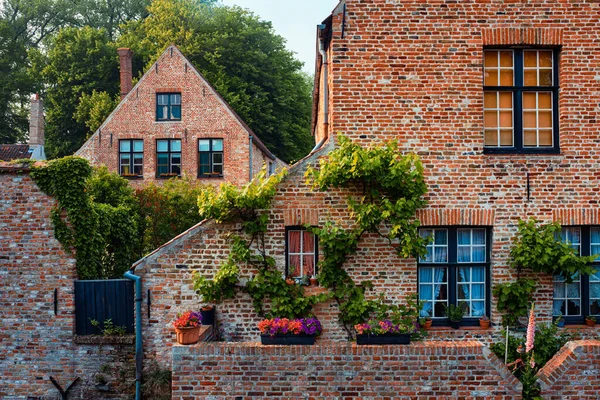 Oude huizen van Begijnhof Begijnhof Begijnhof met bloemen in Brugge, België — Stockfoto