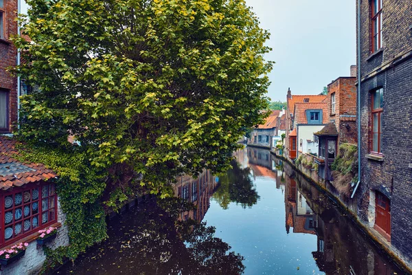 Kanaldaki turist botu. Brugge Bruges, Belçika — Stok fotoğraf