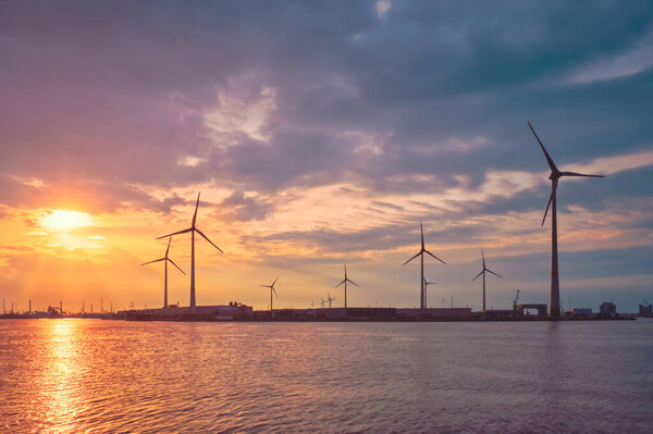 Wind turbines in Antwerp port on sunset.