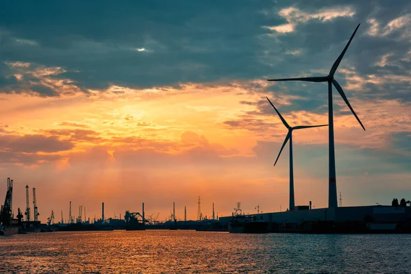 Wind turbines in Antwerp port on sunset. — Stock Photo, Image