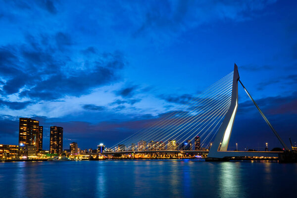View of Erasmus Bridge Erasmusbrug and Rotterdam skyline. Rotterdam, Netherlands