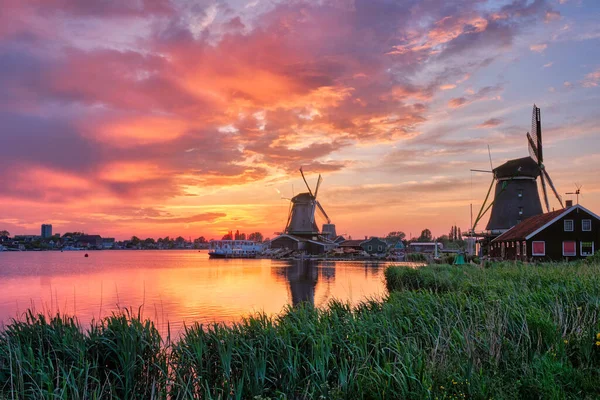 Moinhos de vento em Zaanse Schans na Holanda ao pôr-do-sol. Zaandam, Nether. — Fotografia de Stock
