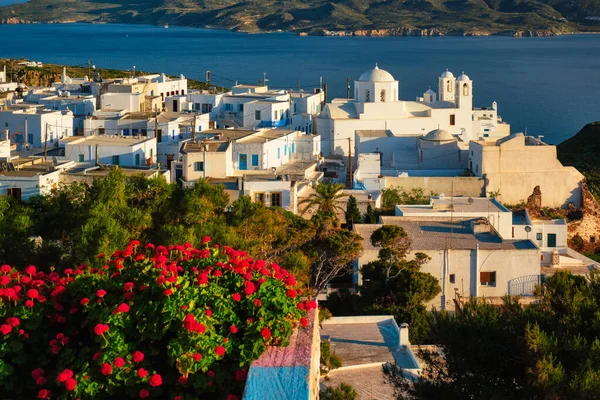 Picturesque scenic view of Greek town Plaka on Milos island over red geranium flowers — Stock Photo, Image