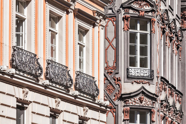 Medieval rich house palace windows close up. Munich, Bavaria, Germany