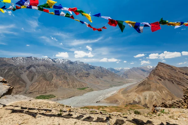 Banderas budistas de oración lungta en el valle de Spiti — Foto de Stock