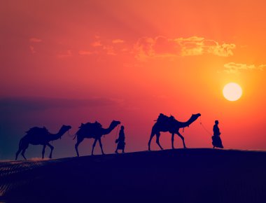 thar çöl dunes içinde deve ile iki cameleers