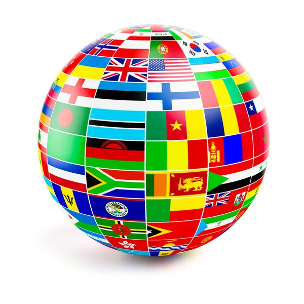 ThreeD globe sphere with flags of the world on white — Stock Photo, Image