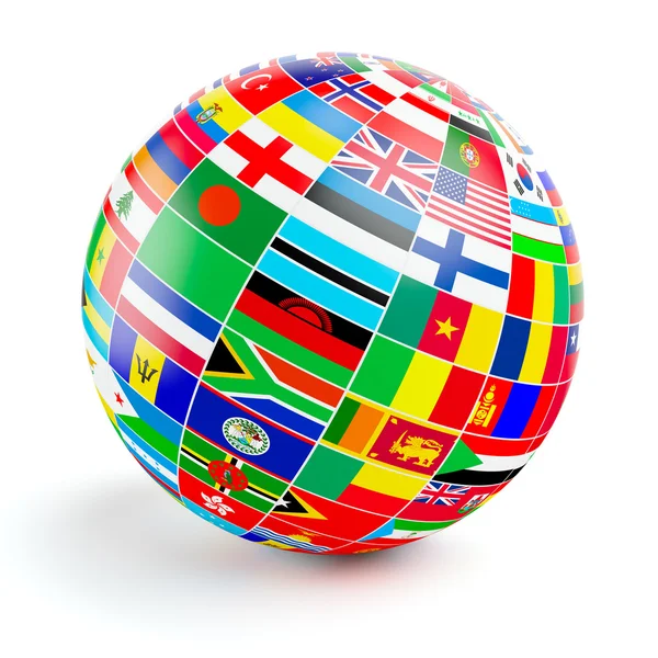 Esfera globo 3D con banderas del mundo en blanco — Foto de Stock