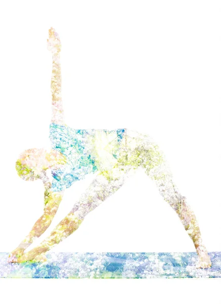 Double exposure image of  woman doing yoga asana — Stock Photo, Image