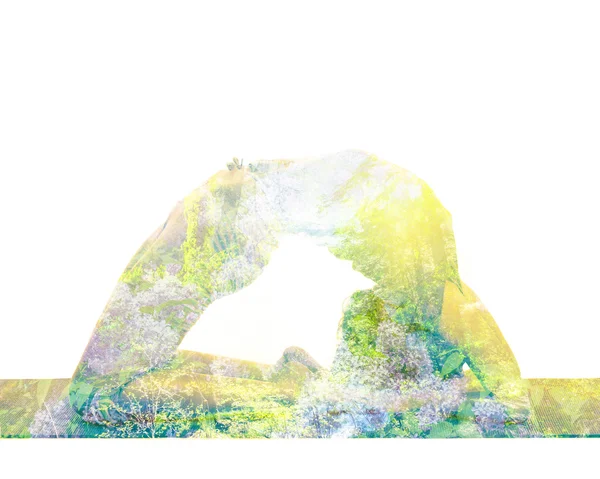 Double exposure image of  woman doing yoga asana — Stock Photo, Image