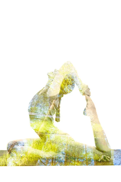 Double exposure image of  woman doing yoga asana — Stock Photo, Image