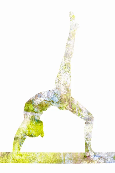 Doppia esposizione immagine di donna che fa yoga asana — Foto Stock