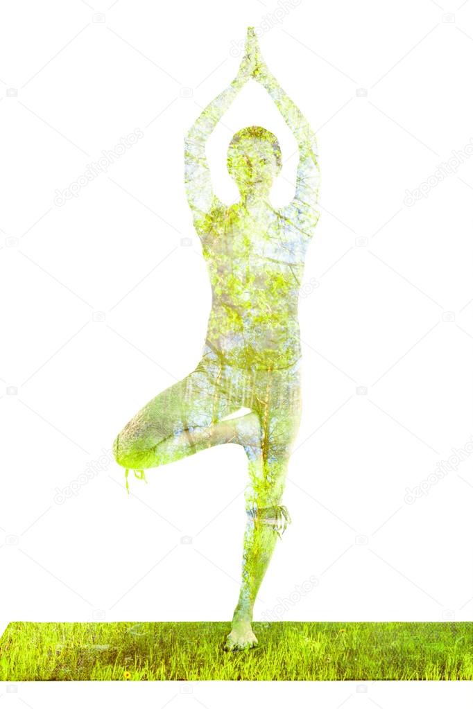 Double exposure image of  woman doing yoga asana