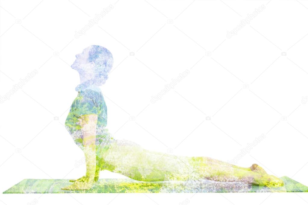 Double exposure image of  woman doing yoga asana