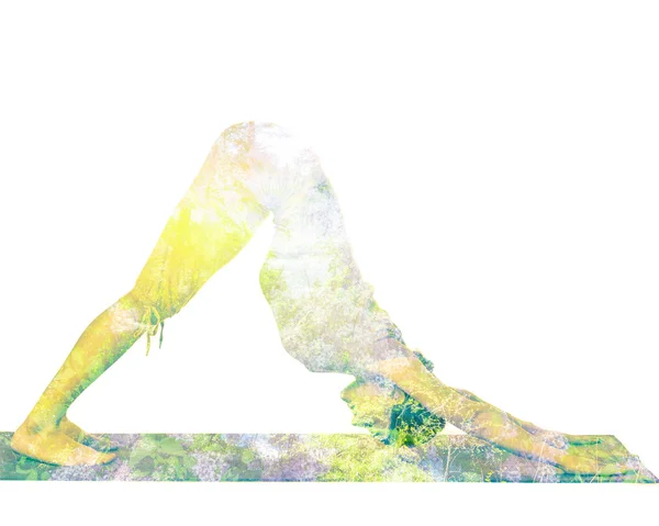 Imagen de doble exposición de la mujer haciendo yoga asana —  Fotos de Stock