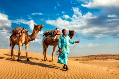 Cameleer deve sürücüsü Thar çöl dunes içinde deve ile