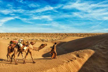 Cameleer deve sürücüsü Thar çöl dunes içinde deve ile