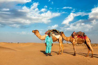 Cameleer deve sürücüsü Thar çöl dunes içinde deve ile