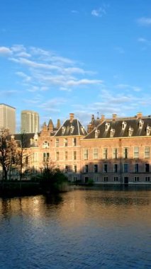 Binnenhof Parlamentosu ve Hofvijver Gölü manzarası. Arka planda şehir merkezindeki gökdelenler. Lahey, Hollanda 'da. Kamera tavası