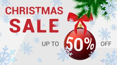 Noel indirimi geçmişi. Mutlu noel kartı satışı vektör illüstrasyonu.