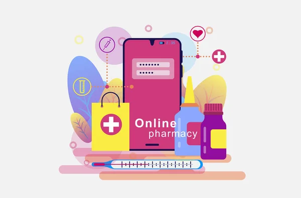 Online Gyógyszertár Vásároljon Gyógyszereket Gyógyszereket Online Gyógyszeripari Termékek Mobil Alkalmazásban — Stock Vector