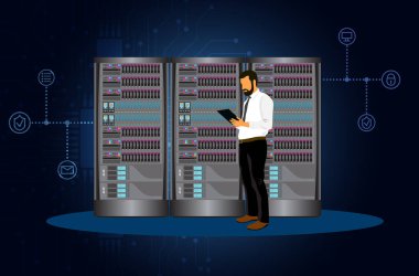 Veri merkezi web konsepti. Ekipmanlı veri tabanı, sunucu odasında çalışıyor. İnsan sahnelerinin kalıpları. Web sitesi için düz tasarım karakter etkinlikleri ile vektör illüstrasyonu.