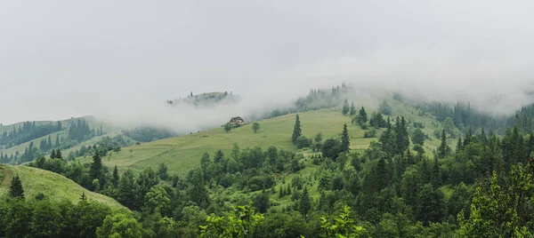 Malý domek na zeleném svahu hory — Stock fotografie