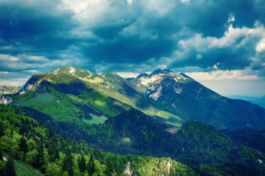 Alp dağları üzerindeki bulut gölgeli manzara - Karavanke 'deki Golica dağından yeşil ormanlı manzara - yaz mevsiminde seyahat