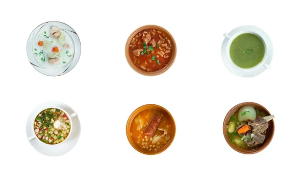 Food set of different traditional soups. — Stock Image Food set of different traditional soups. Stock Photo